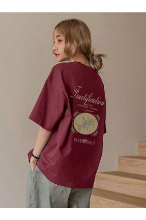 تی شرت زرشکی زنانه اورسایز یقه گرد پنبه (نخی) تکی طراحی کد 696127819