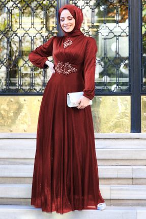 لباس مجلسی زرشکی زنانه یقه گرد پلی استر آستین استاندارد رگولار کد 773833508