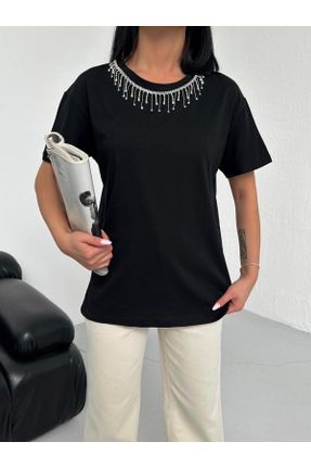 تی شرت مشکی زنانه یقه گرد ریلکس تکی طراحی کد 834438255