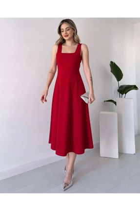 لباس قرمز زنانه بافتنی کرپ گلوژ بند دار کد 838447090