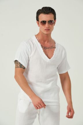 تی شرت سفید مردانه اورسایز یقه هفت کد 838523744