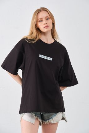 تی شرت مشکی زنانه اورسایز یقه گرد پنبه (نخی) تکی کد 831824046