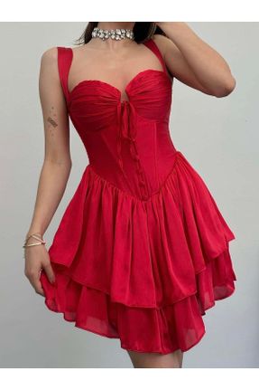 لباس مجلسی قرمز زنانه پلی استر آستین استاندارد رگولار یقه هفت آستر دار کد 833253383