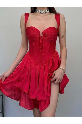 لباس مجلسی قرمز زنانه پلی استر آستین استاندارد رگولار یقه هفت آستر دار کد 833253383