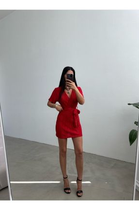 لباس قرمز زنانه بافتنی پلی استر آستین-کوتاه کد 689358473