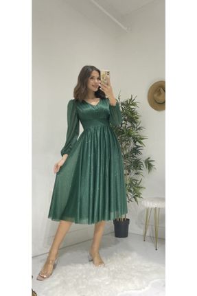 لباس مجلسی سبز زنانه تور آستین استاندارد رگولار یقه هفت آستر دار کد 673859970