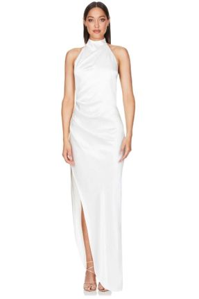 لباس مجلسی سفید زنانه ساتن اسلیم یقه هالتر بدون آستر کد 801056693