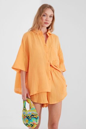 پیراهن نارنجی زنانه کتان نما یقه پیراهنی اورسایز کد 830217378