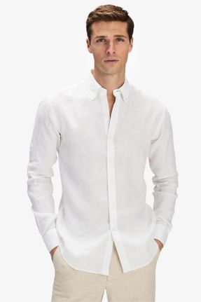 پیراهن سفید مردانه Fitted یقه دکمه دار کتان کد 838684275
