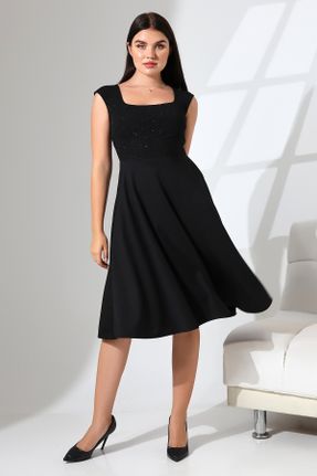 لباس مجلسی مشکی زنانه سایز بزرگ کرپ یقه مربع بدون آستین آستر دار کد 838707412
