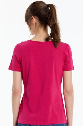 تی شرت صورتی زنانه ریلکس یقه هفت پنبه (نخی) تکی بیسیک کد 826045803