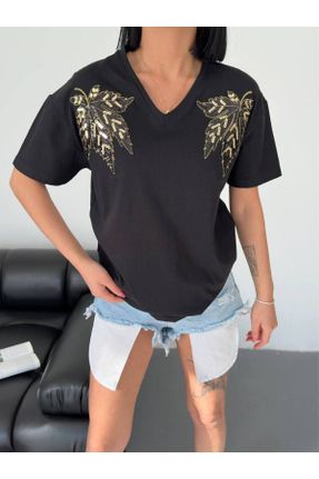 تی شرت مشکی زنانه ریلکس یقه هفت تکی طراحی کد 831958195