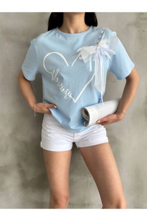 تی شرت آبی زنانه ریلکس یقه گرد تکی طراحی کد 833530438