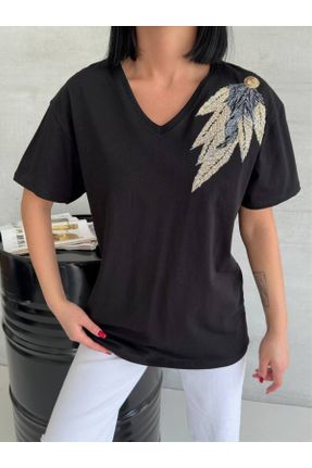 تی شرت مشکی زنانه یقه هفت ریلکس تکی طراحی کد 831909373