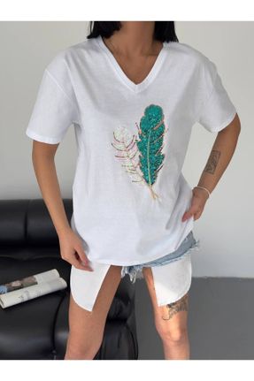 تی شرت سفید زنانه ریلکس یقه هفت تکی طراحی کد 831809666