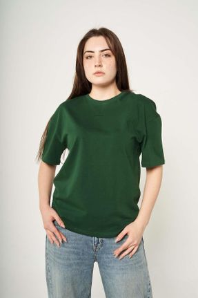 تی شرت سبز زنانه اورسایز یقه گرد تکی بیسیک کد 838648980