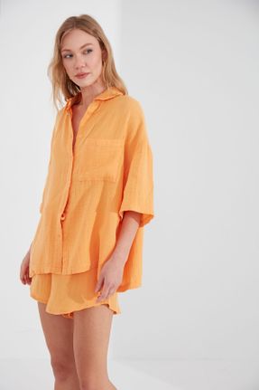 پیراهن نارنجی زنانه کتان نما یقه پیراهنی اورسایز کد 830217378