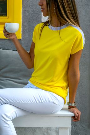تی شرت زرد زنانه رگولار یقه گرد تکی کد 271374083