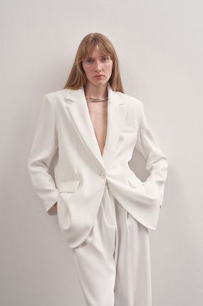 کت سفید زنانه اورسایز بافت جفت درب آستر دار کد 833103650