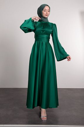 لباس مجلسی حجاب سبز زنانه یقه دوچرخه Lamia Giyim - کد 838710228
