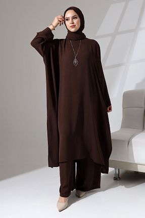 ست بالاتنه و پائین تنه حجاب قهوه ای زنانه اورسایز Berel Moda - کد 838357458