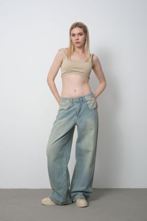 شلوار جین آبی زنانه پاچه گشاد فاق افتاده اورسایز استاندارد کد 833495459