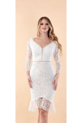 لباس مجلسی سفید زنانه دانتل اسلیم یقه هفت آستر دار کد 103148424