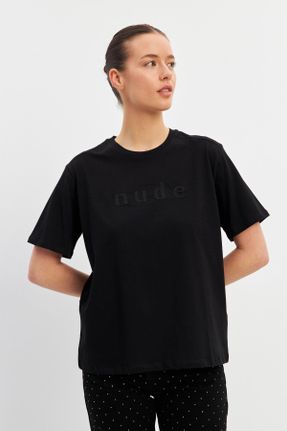 تی شرت مشکی زنانه رگولار یقه گرد پنبه - پلی استر تکی طراحی کد 817902703