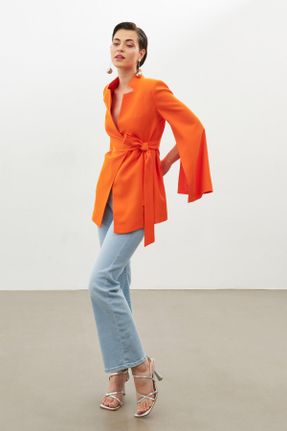 کت نارنجی زنانه اسلیم بافت بدون جیب آستر دار کد 746215712