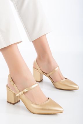 کفش پاشنه بلند کلاسیک طلائی زنانه پاشنه ضخیم پاشنه متوسط ( 5 - 9 cm ) کد 795828145