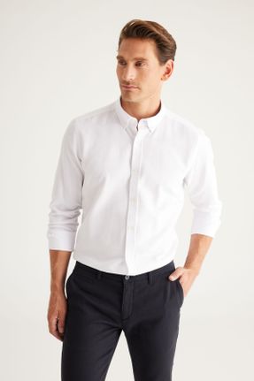 پیراهن سفید مردانه یقه پیراهنی پنبه - پلی استر رگولار کد 63006373