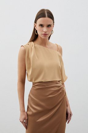 بلوز قهوه ای زنانه ساده Sateen - کد 838692159