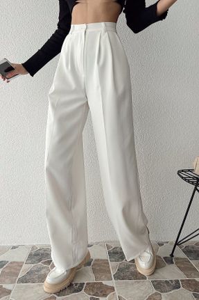 شلوار سفید زنانه پاچه راحت بافتنی الاستن فاق بلند کد 299490815