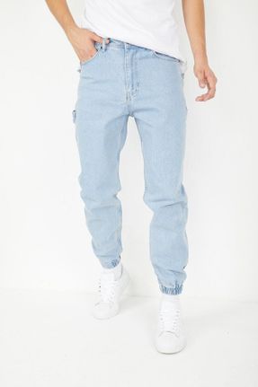 شلوار جین آبی مردانه پاچه کش دار فاق بلند نخ ساده کد 355105206