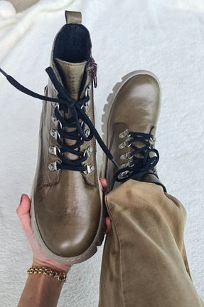 بوت / نیم بوت خاکی زنانه چرم خالص İNZE AYAKKABI - کد 375223982