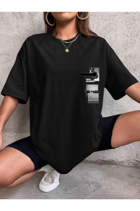 تی شرت مشکی زنانه پنبه - پلی استر یقه خدمه اورسایز تکی کد 358062050