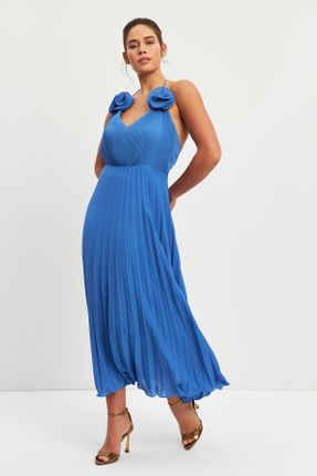 لباس مجلسی آبی زنانه بدون آستین رگولار یقه هفت آستر دار کد 832812961