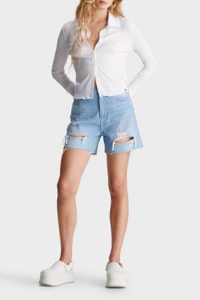 شلوارک متالیک زنانه فاق بلند جین مام فیت کد 817639168