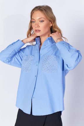 پیراهن آبی زنانه اورسایز یقه پیراهنی پنبه (نخی) کد 822770921