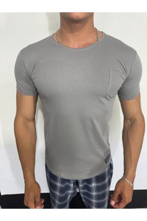 تی شرت طوسی مردانه اسلیم فیت یقه گشاد پنبه - پلی استر تکی بیسیک کد 838759357