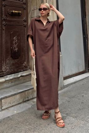 لباس قهوه ای زنانه بافتنی پنبه (نخی) ریلکس آستین-کوتاه بیسیک کد 838792108