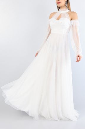 لباس مجلسی سفید زنانه تور اورسایز یقه گرد آستر دار کد 834891604