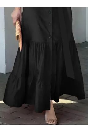 لباس مشکی زنانه بافتنی پنبه - پلی استر اورسایز آستین-بلند کد 814051705
