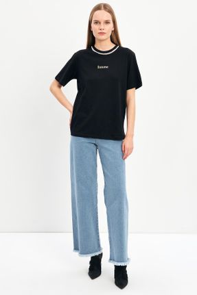 تی شرت مشکی زنانه یقه گرد رگولار پنبه - پلی استر تکی طراحی کد 834350843
