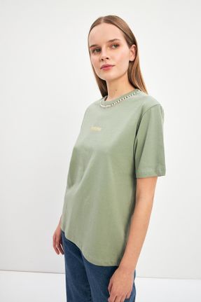 تی شرت سبز زنانه رگولار یقه گرد پنبه - پلی استر تکی طراحی کد 834350829