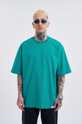 تی شرت سبز مردانه اورسایز یقه گرد پنبه (نخی) تکی کد 825663282