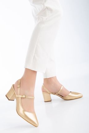 کفش پاشنه بلند کلاسیک طلائی زنانه پاشنه ضخیم پاشنه متوسط ( 5 - 9 cm ) کد 795828145