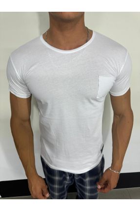 تی شرت سفید مردانه اسلیم فیت یقه گشاد پنبه - پلی استر تکی بیسیک کد 838831973