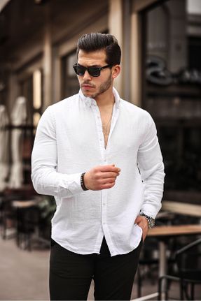 پیراهن سفید مردانه رگولار یقه پیراهنی پنبه (نخی) کد 809697211