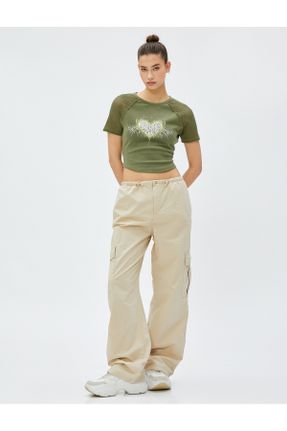 تی شرت خاکی زنانه رگولار یقه گرد پنبه (نخی) تکی کد 710976042
